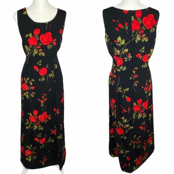 Vintage Studio1 Size 6/8 Red Rose Floating Floral Print Sleeveless Midi Dress - Picture 7 of 13